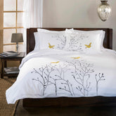 Embroidered Swallow and Floral Cotton Duvet Cover Set